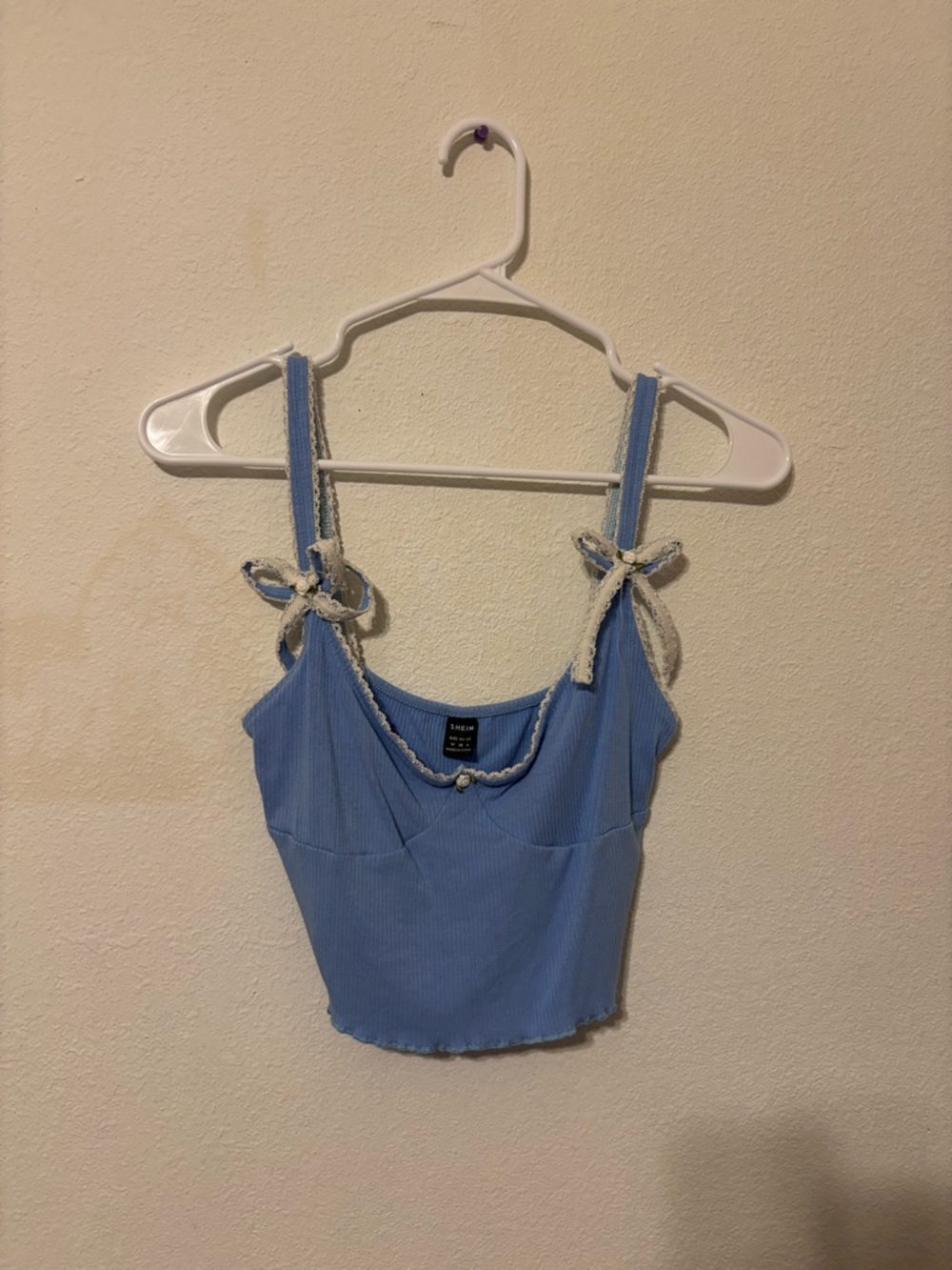 SHEIN Sky Blue Ribbed Tie-Shoulder Cropped Tank Top